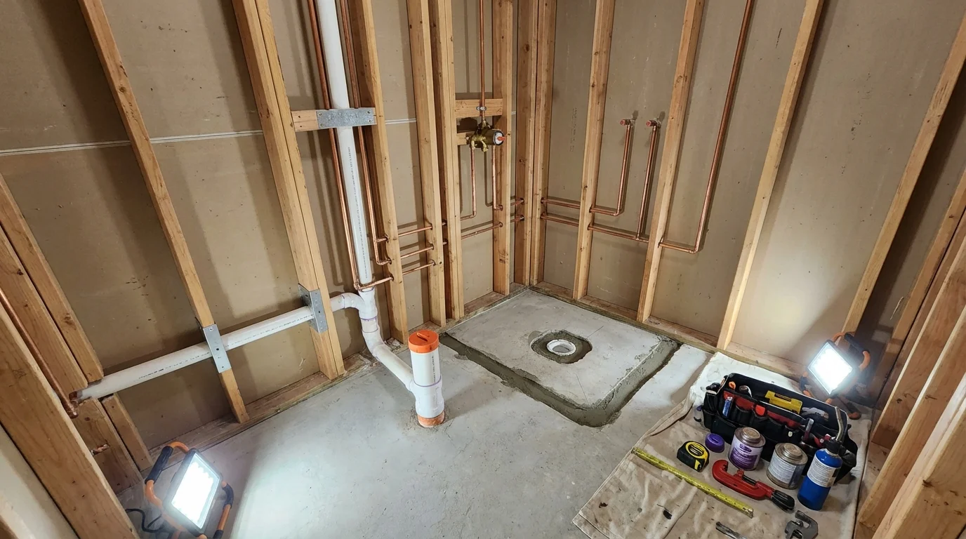 Bathroom rough-in plumbing during remodel by Johns Plumbing LLC in Saint Francisville