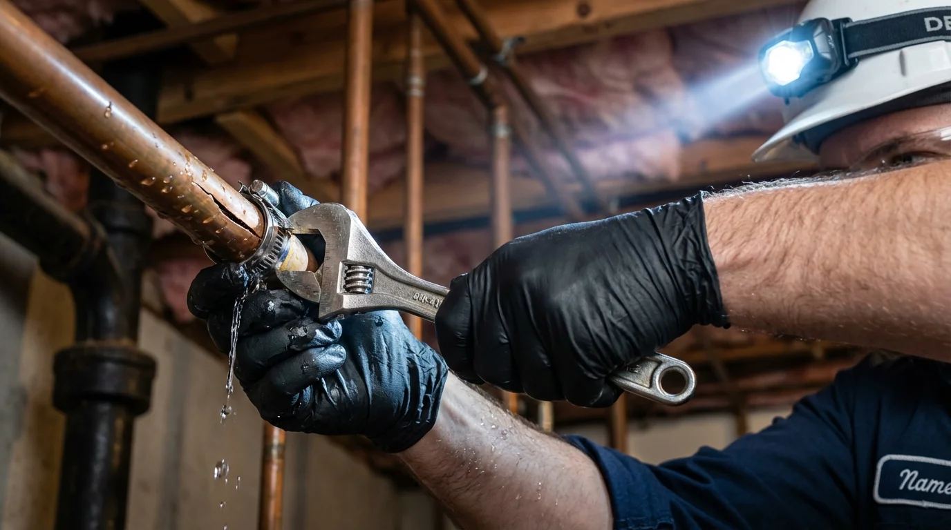 Emergency pipe clamp repair being performed by a Johns Plumbing LLC plumber in Saint Francisville