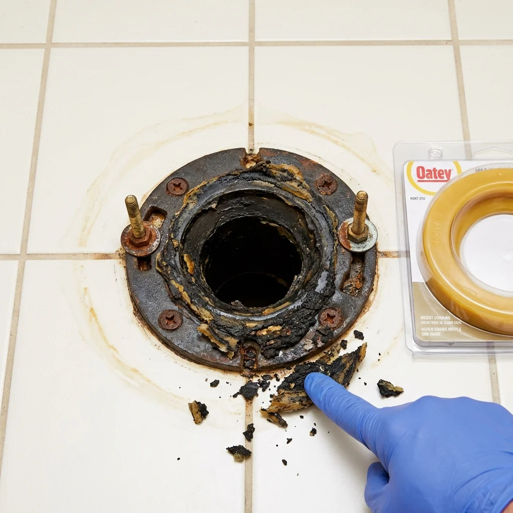 Failed wax ring showing water seepage at the base of a toilet in a Saint Francisville, LA home