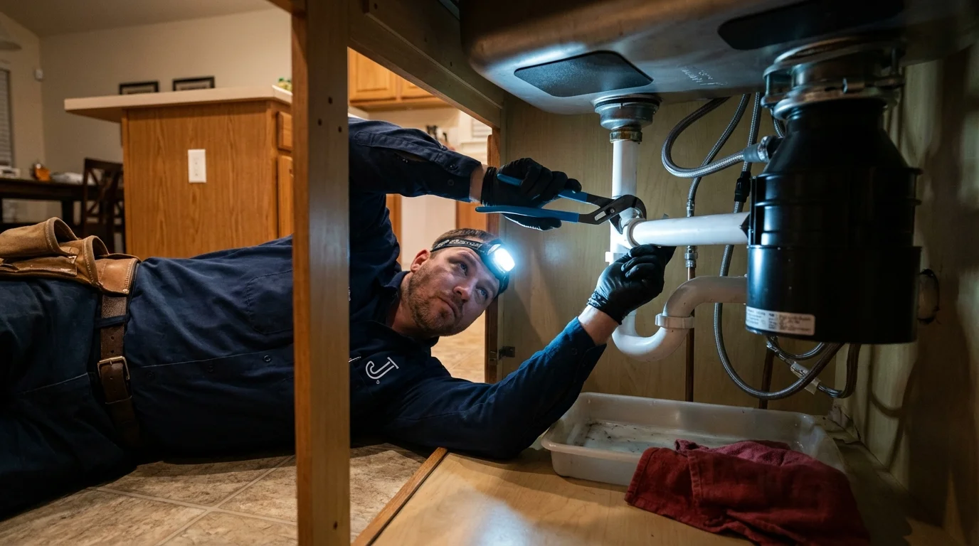 P-trap and supply line connections under a kitchen sink showing a common leak point in Saint Francisville, LA